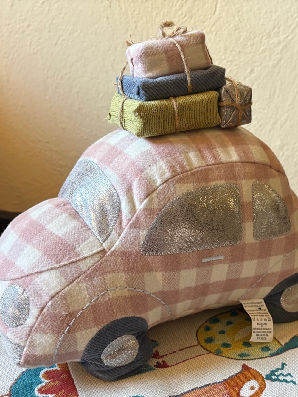 Pink Gingham Plush Car Decor with Stacked Fabric Gifts